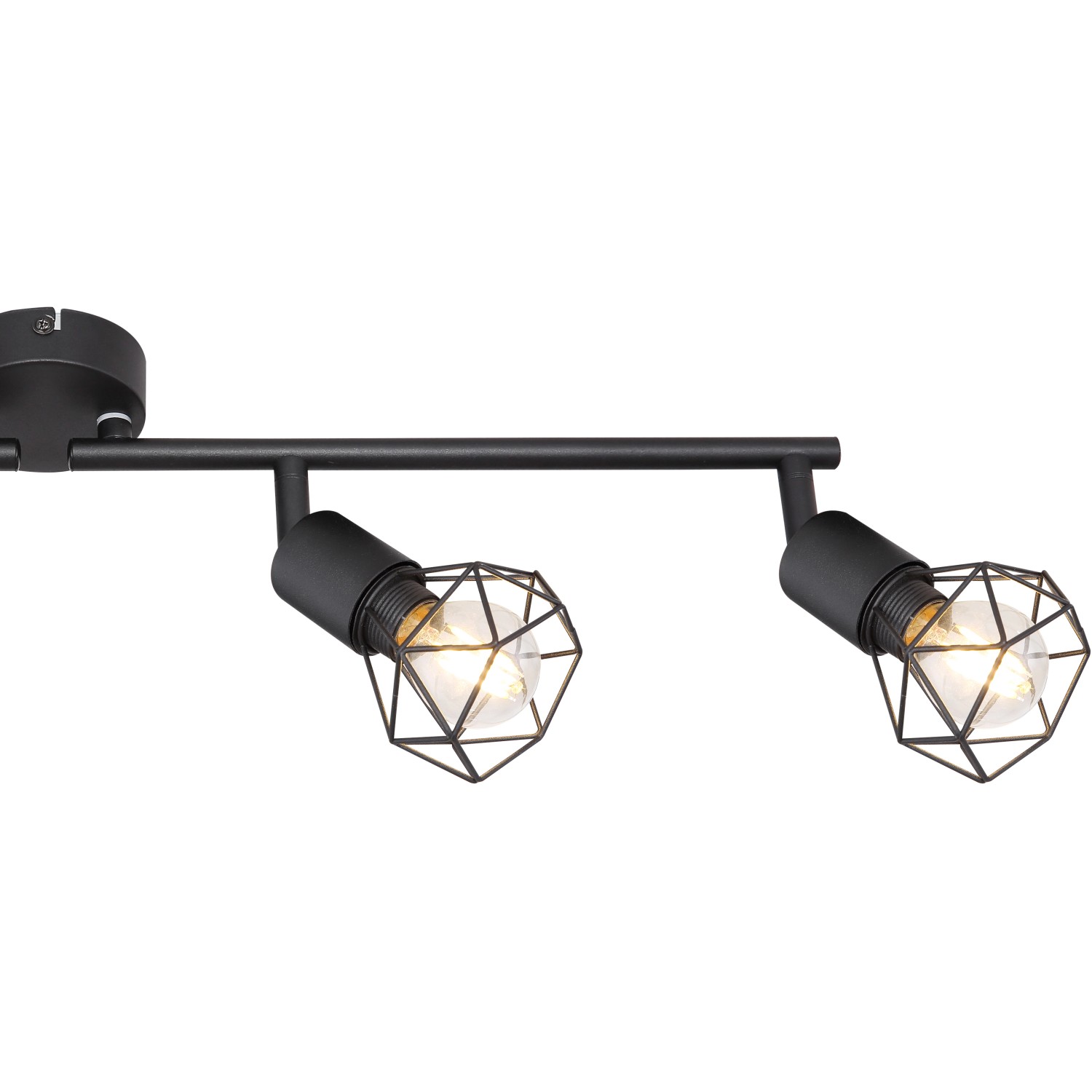 Schwarzer Globo Spot Xara I mit 4 Leuchten und beweglichen, diamantförmigen Metallkäfigen.