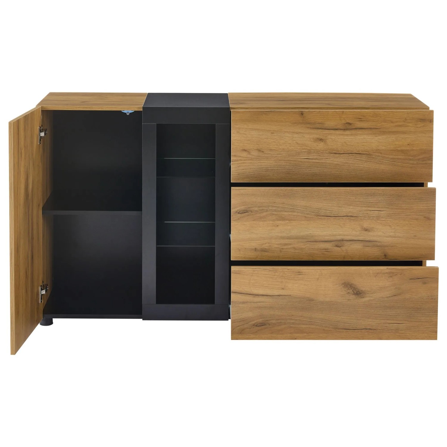 okwish Sideboard mit 3 Schubladen Glas Stauraum Wohnzimmer 140x40x80 cm Natur