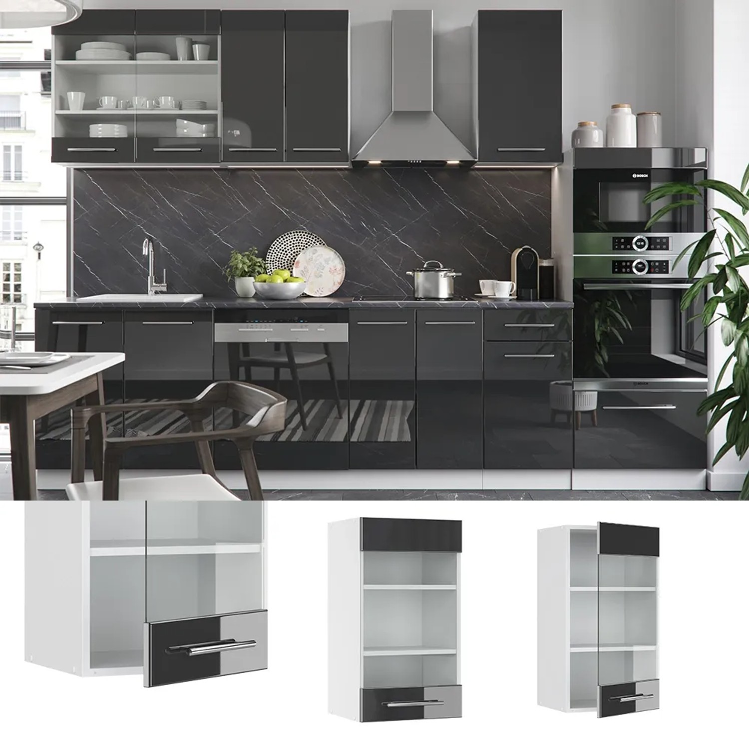Vicco Küchen Glashängeschrank Fame-Line, anthrazit/weiß, 40 cm. Hängeschrank für die Küche mit Glasfront.