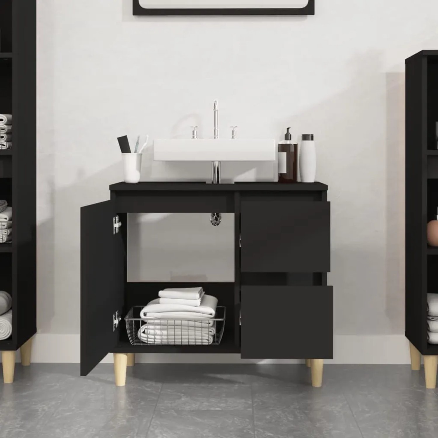 Schwarzer vidaXL Badschrank (65x33x60 cm) aus Holzwerkstoff mit Schubladen und Fach.