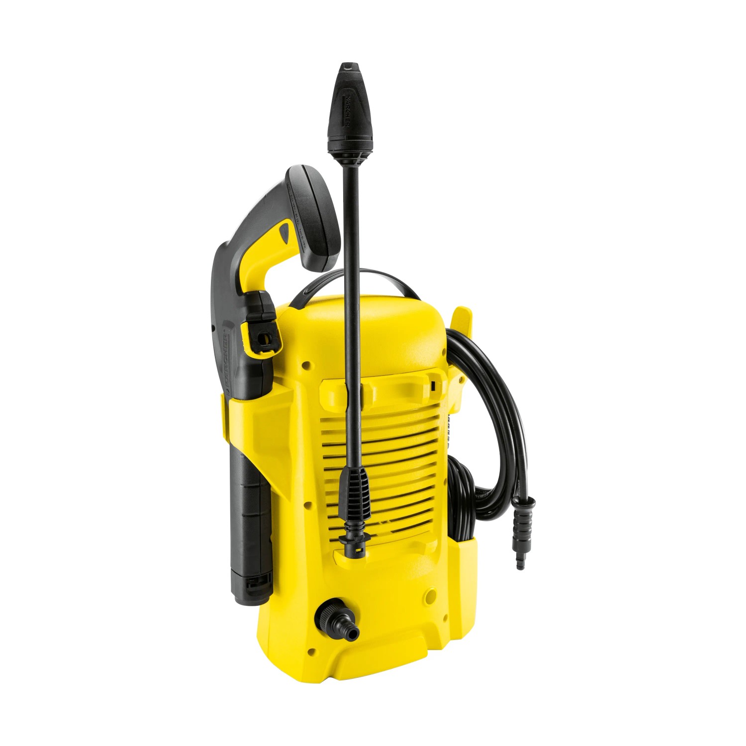 Kärcher K2 Universal Edition Hochdruckreiniger, gelb, mit Zubehör verstaut.