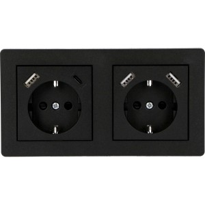 ProCharge Doppelsteckdosenrahmen in Schwarz mit USB-Anschlüssen.