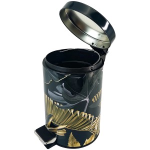 SANILO Kosmetikeimer Golden Leaves, offener Bad-Mülleimer mit Fußpedal und goldenem Blätter-Design.