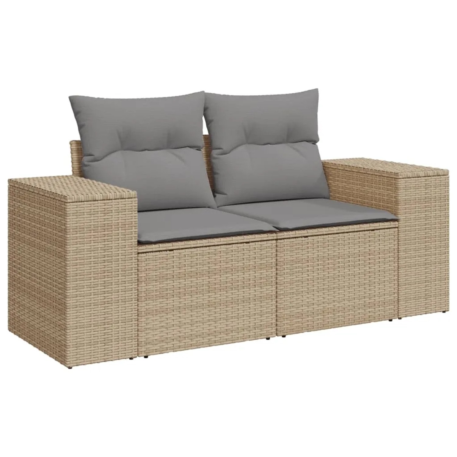 Beige vidaXL Garten-Sofagarnitur aus Polyrattan mit grauen Kissen, 2-Sitzer.