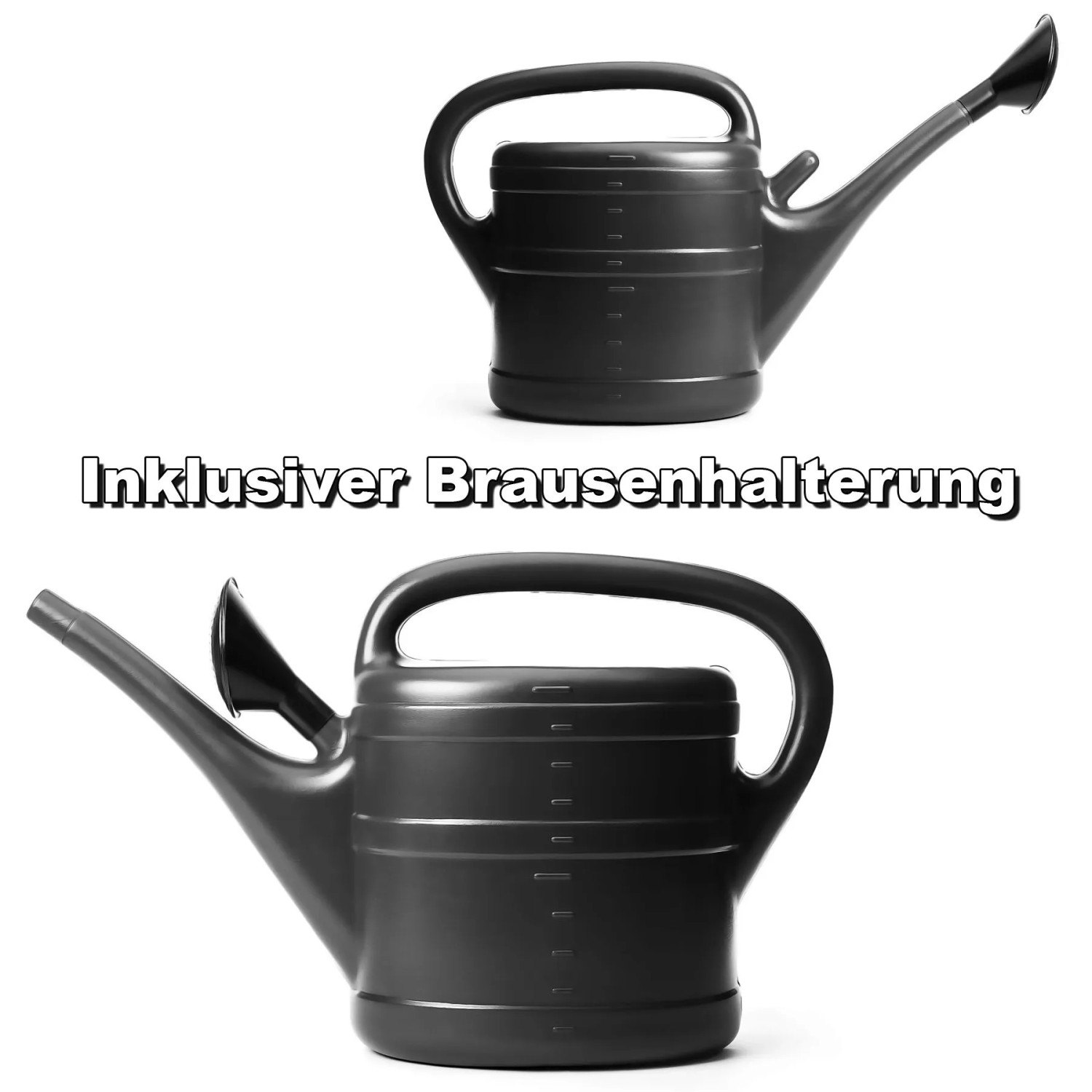 Anthrazitfarbene 10 Liter Gießkanne aus Kunststoff mit abnehmbarem Brausekopf und praktischer Halterung für Gartenbewässerung.