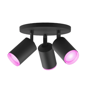 Schwarze Philips Hue Fugato Deckenleuchte mit 3 Spots, Farbwechsel.
