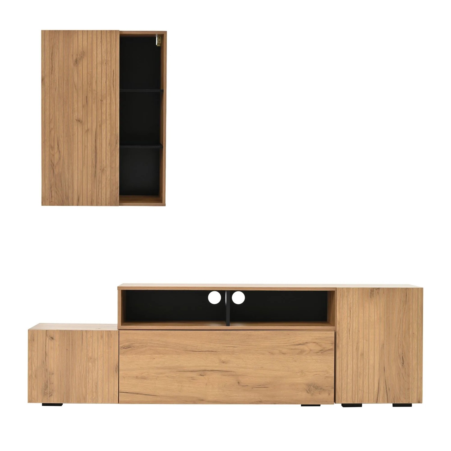 okwish TV Wohnwand Set mit Vitrine TV Board Wohnzimmer 265x35x180cm Natur