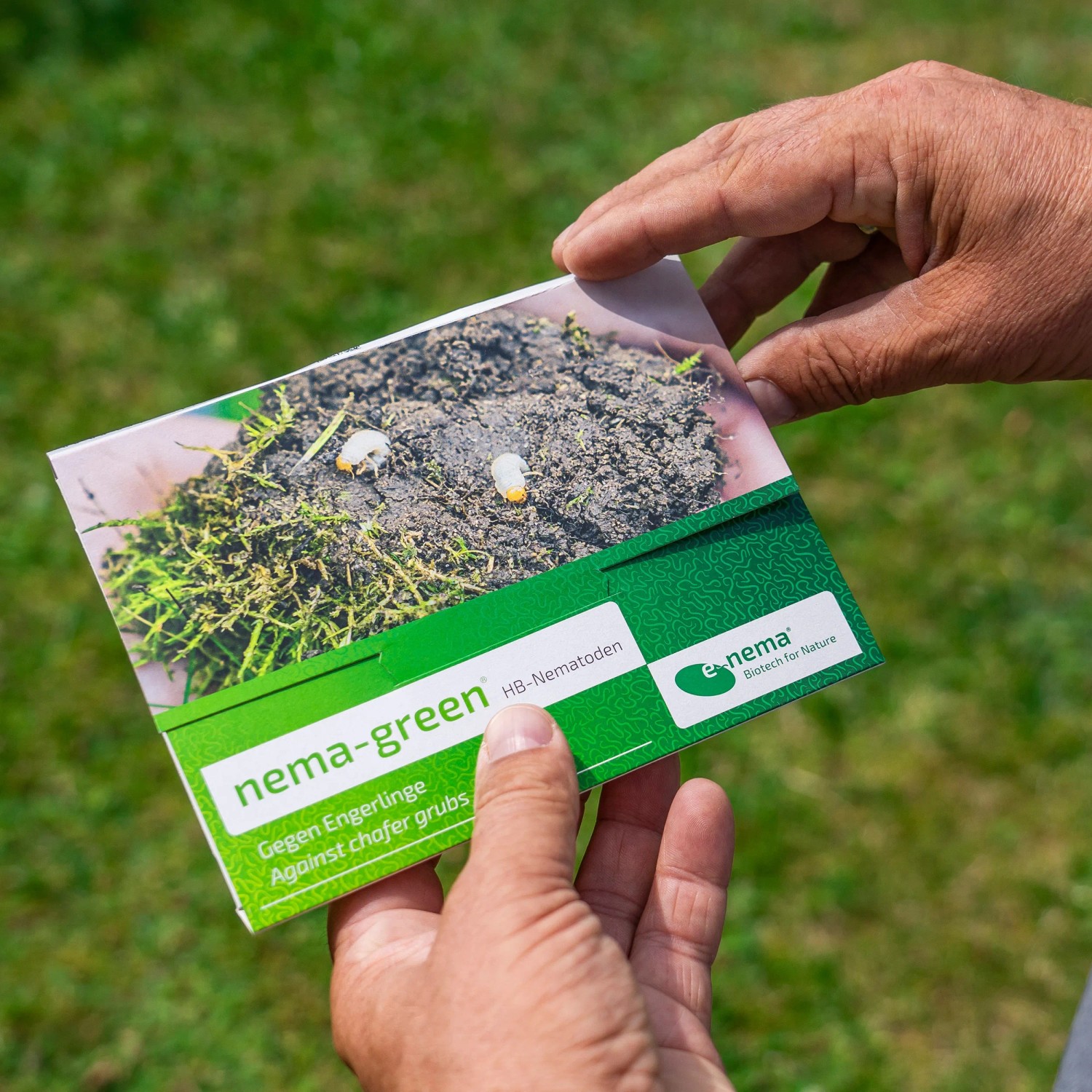 Packung e-nema Nematoden gegen Engerlinge, biologische Schädlingsbekämpfung im Garten.