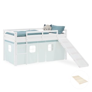 Homestyle4u Kinder Hochbett 90x200 Rutsche Lattenrost Vorhang Grün Kinderbett 2938