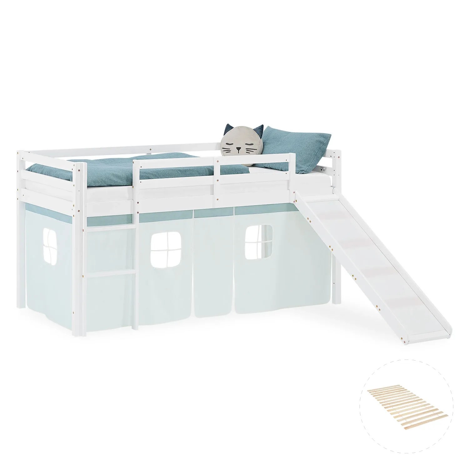 Homestyle4u Kinder Hochbett 90x200 Rutsche Lattenrost Vorhang Grün Kinderbett 2938