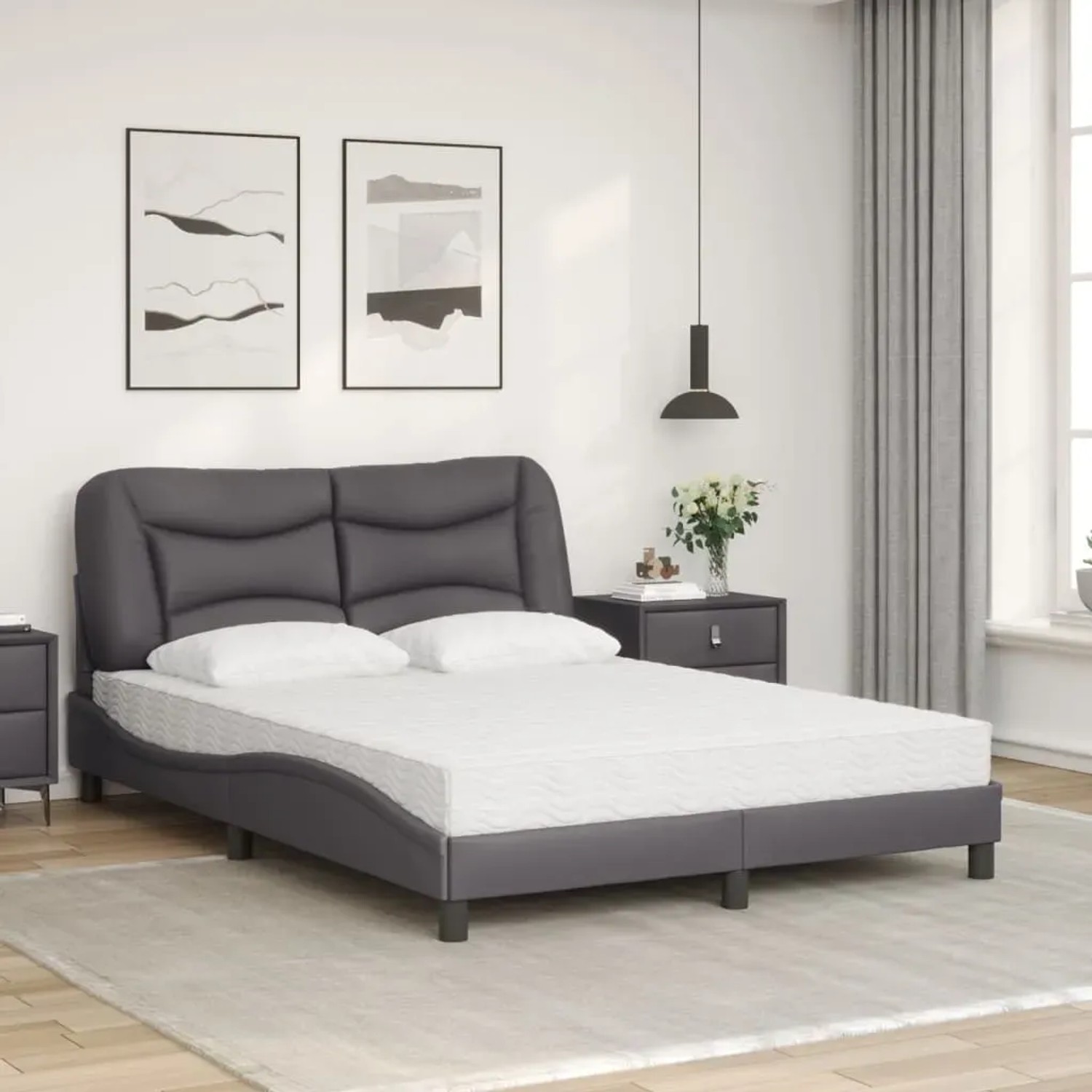 Graues Kunstleder Bett 140x190 cm mit Matratze für Schlafzimmer.