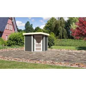Terragraues Karibu Holz-Gartenhaus (209x213cm) mit Tür auf gepflasterter Fläche.