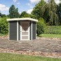 Terragraues Karibu Holz-Gartenhaus (209x213cm) mit Tür auf gepflasterter Fläche.