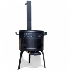Schwarzer Grillpeter Utschak Asamat Feuerofen mit Abzugsrohr für Kazan 10-16 Liter.