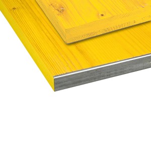 Gelbe Schake Schalungsplatte (2000 mm) mit Kantenschutz aus Metall für den Betonbau.