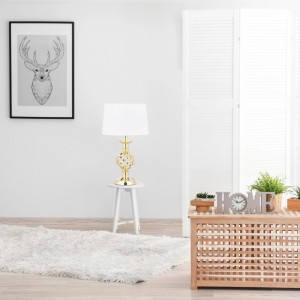 Goldene Touch Tischlampe mit weißem Stoffschirm, dimmbar, 43,5 cm hoch, für stimmungsvolle Innenbeleuchtung.