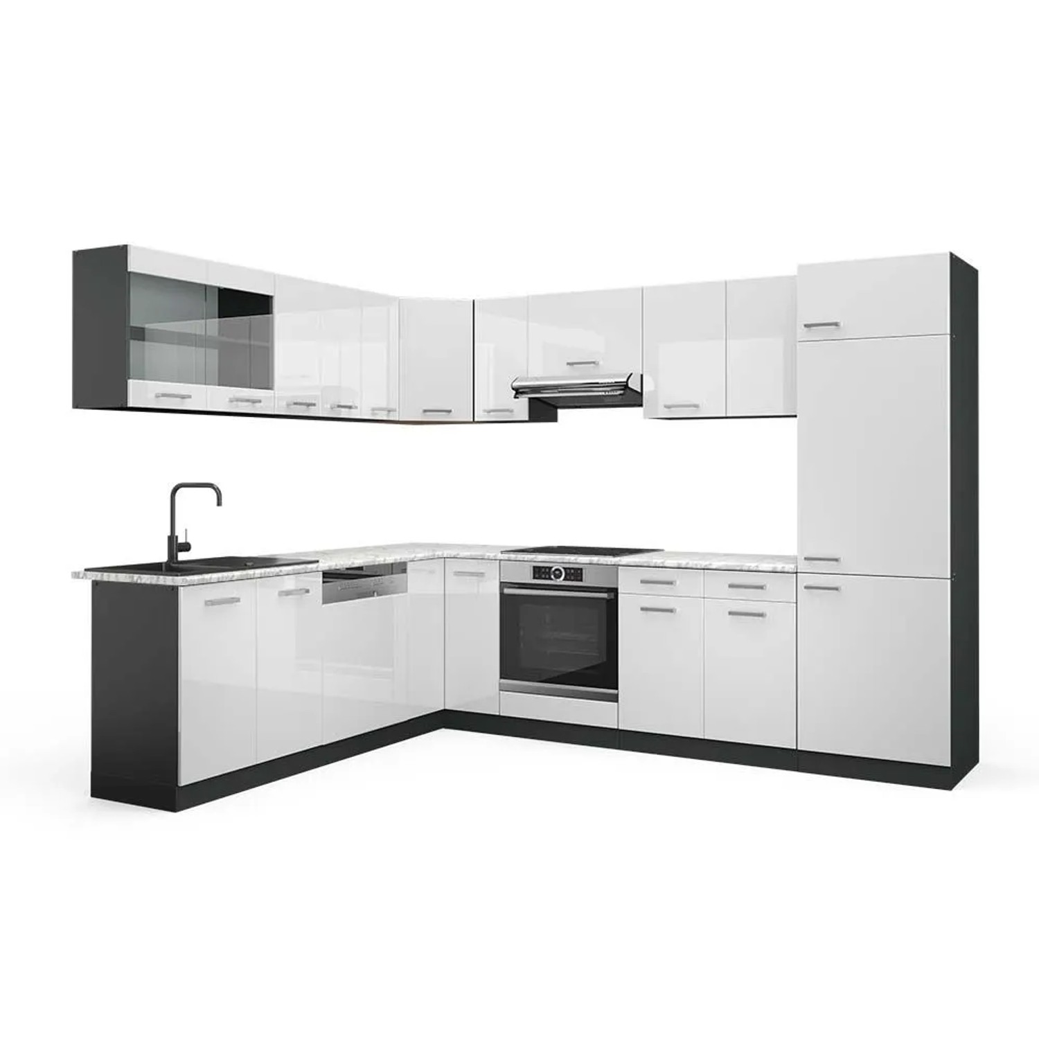 Vicco Eckküche R-Line Weiß Hochglanz/Anthrazit 287 x 82, AP Marmor