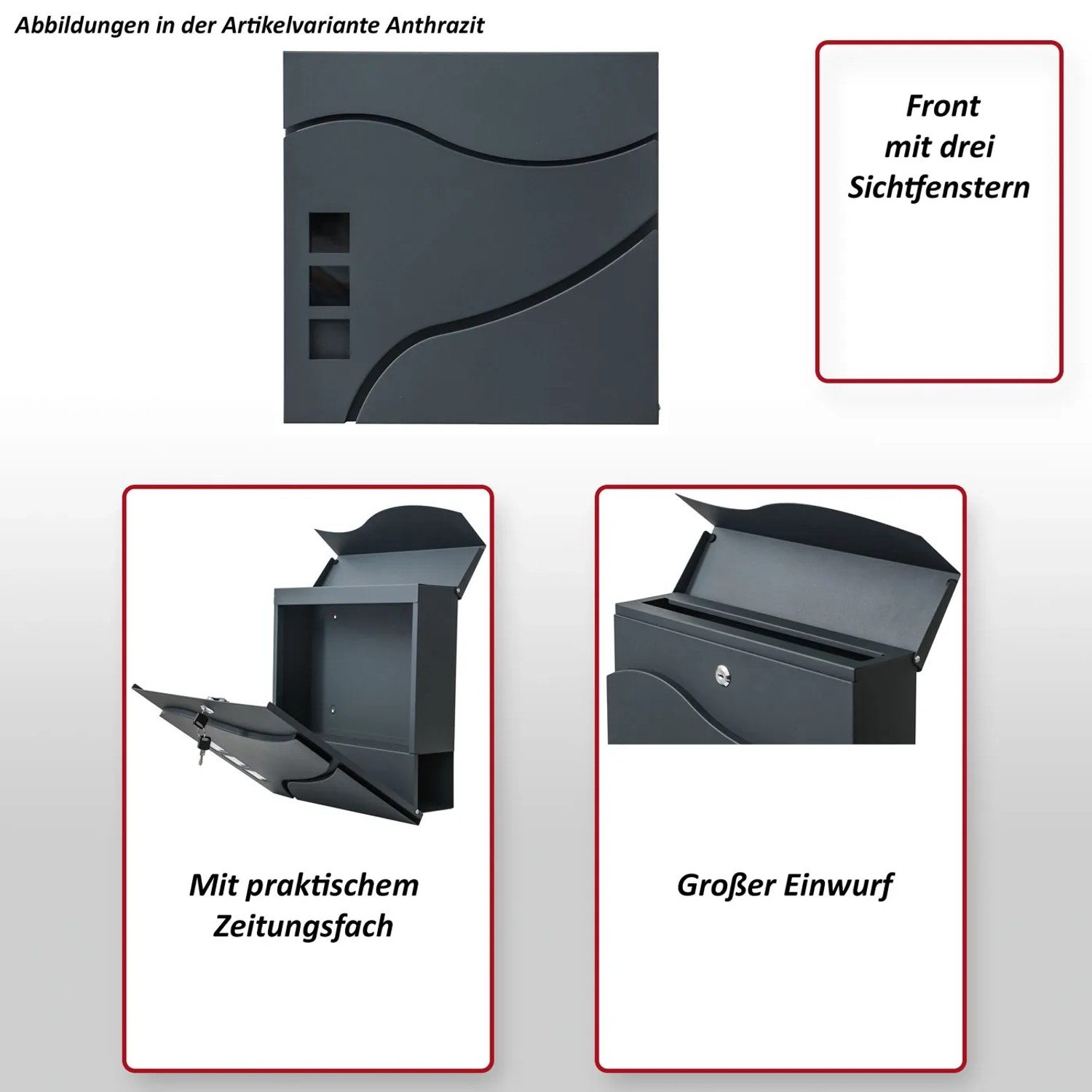 MCW Briefkasten B31 anthrazit: Detailansichten von Front, Zeitungsfach und Einwurf des Stahl-Briefkastens.