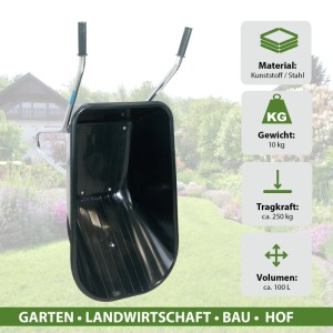 TRUTZHOLM Schubkarre mit 100L Mulde und pannensicherem PU Rad, Traglast 250kg.