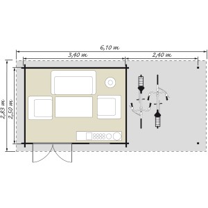 Grundriss Kiehn-Holz Gartenhaus KH 28-024 Unberührt, 580x250 cm, mit Anbau und Möblierung.