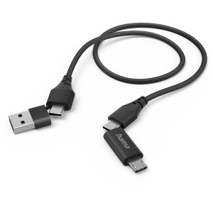Schwarzes Hama Multi-Ladekabel 4 in 1 mit USB-C, USB-A und Micro-USB Anschlüssen, 1,5 m lang.