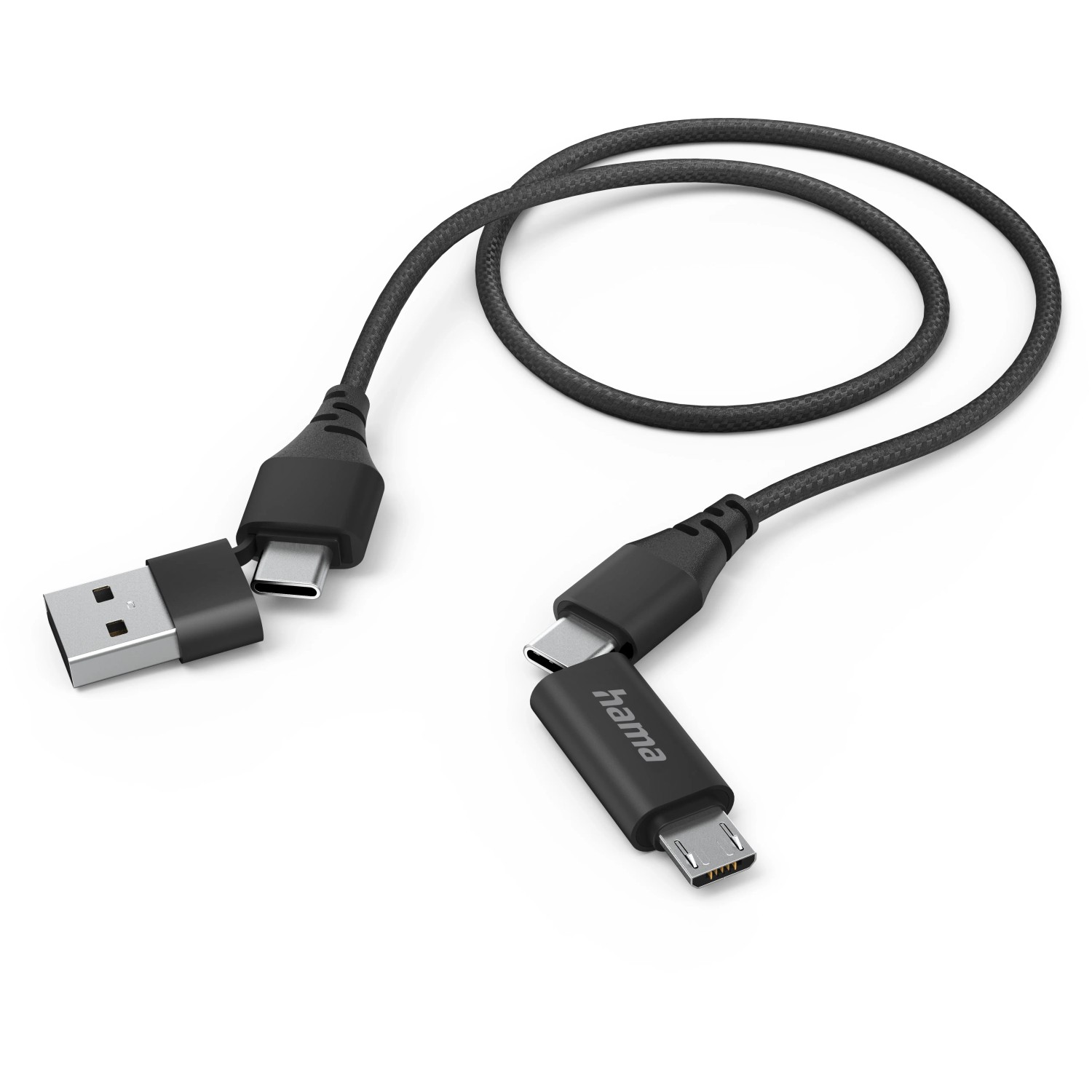 Schwarzes Hama Multi-Ladekabel 4 in 1 mit USB-C, USB-A und Micro-USB Anschlüssen, 1,5 m lang.