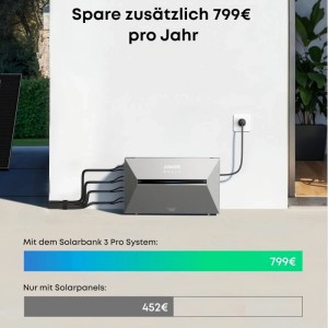 Anker Solix Solarbank 3 E2700 Pro Balkonkraftwerk, an Solarmodule und Steckdose angeschlossen. Visualisiert jährliche Ersparnis.
