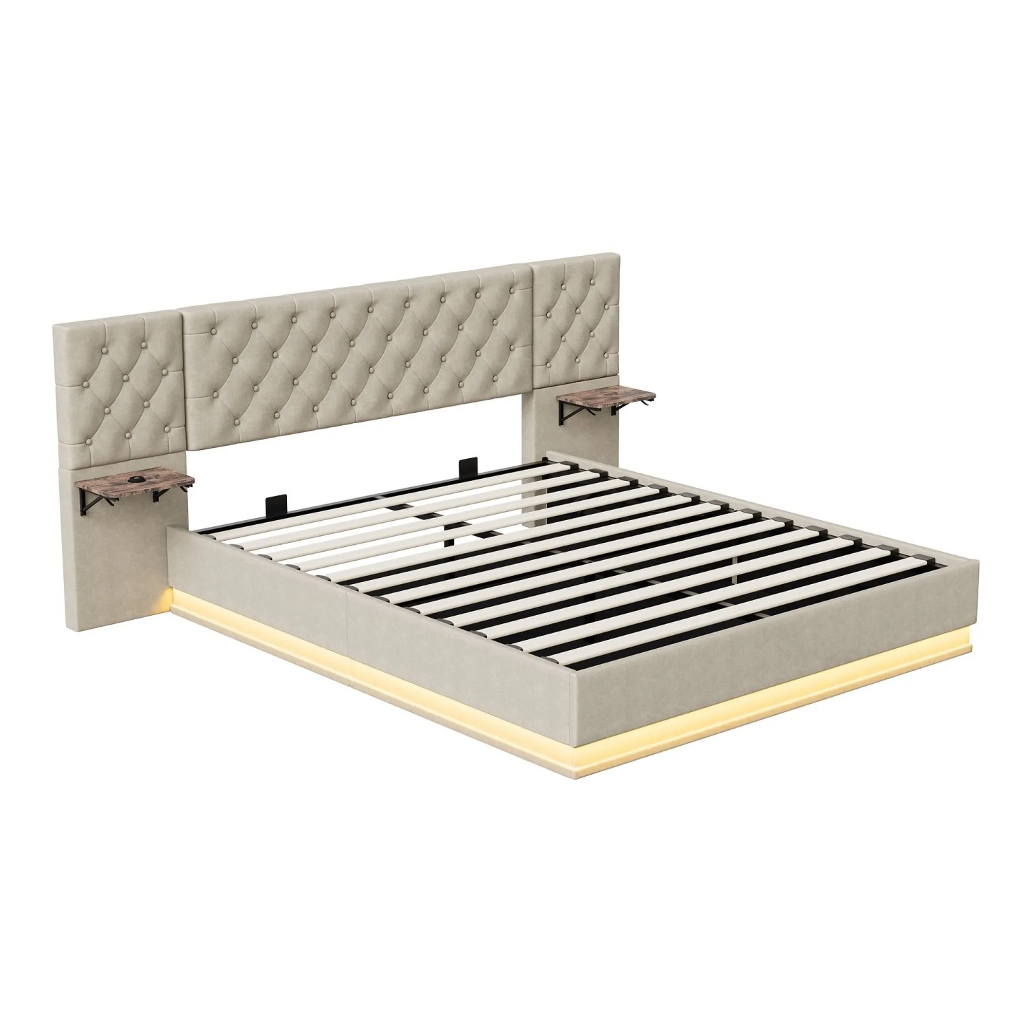 PXloue Polsterbett 160x200 Doppelbett Beige mit Bettkasten LED und  Ladeanschluss