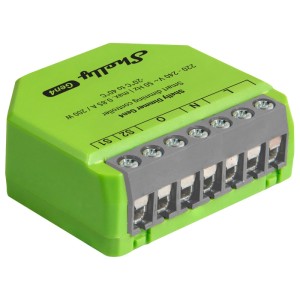 Grüner Shelly Smarte Relais Dimmer Gen4 für Hausautomation, Detailansicht.