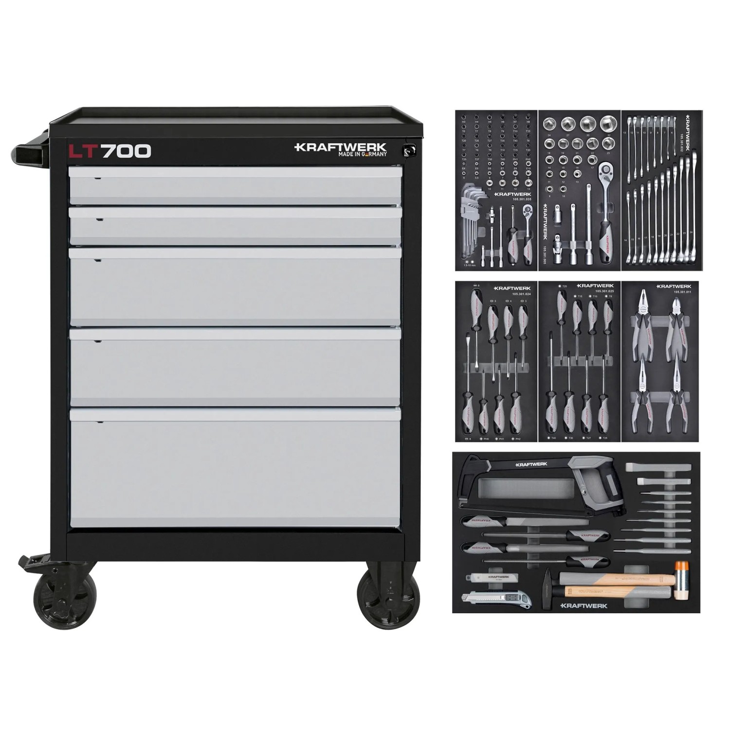Kraftwerk Werkstattwagen LT700 WW 5 Schubl. BASIC 151-tlg. Schwarz-Silber