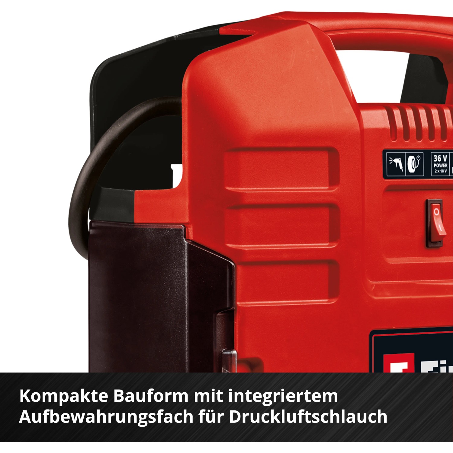 Einhell Akku-Kompressor TE-AC 36/8 Li OF Solo: Roter Koffer-Kompressor mit Tragegriff und Aufbewahrungsfach.