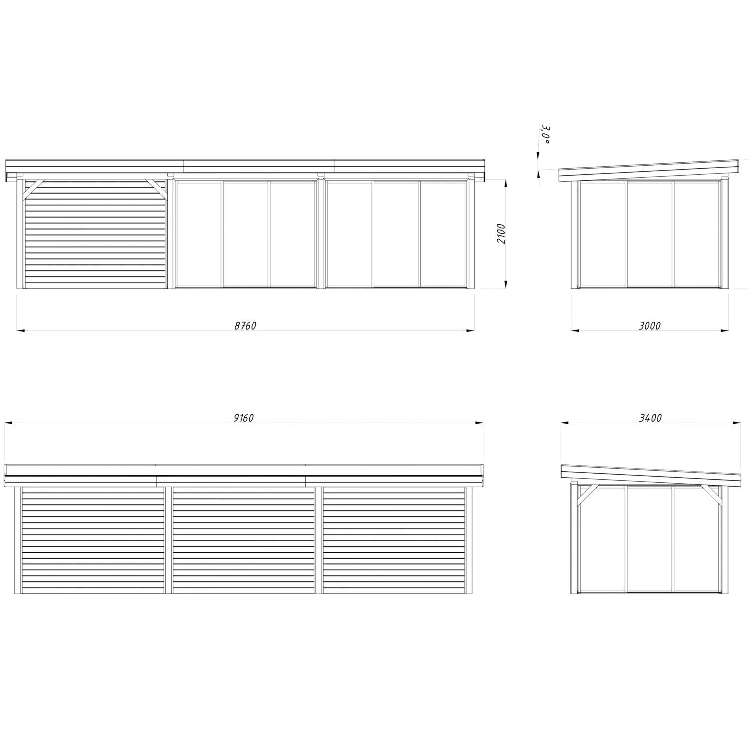 Skizze des Palmako Pavillon Lenna Set 417 mit Maßen, Holz und Schiebetüren.