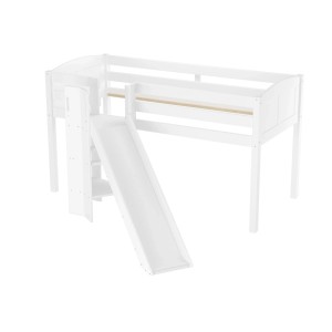 Weißes Kinder-Spielbett aus Kiefernholz mit Rutsche und Leiter. Stabiles Hochbett 90x200 cm für Spiel und Schlaf.