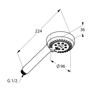 Technische Zeichnung: Kludi Logo 3S Handbrause, Chrom-Weiß, Maße und Anschlussdetails.