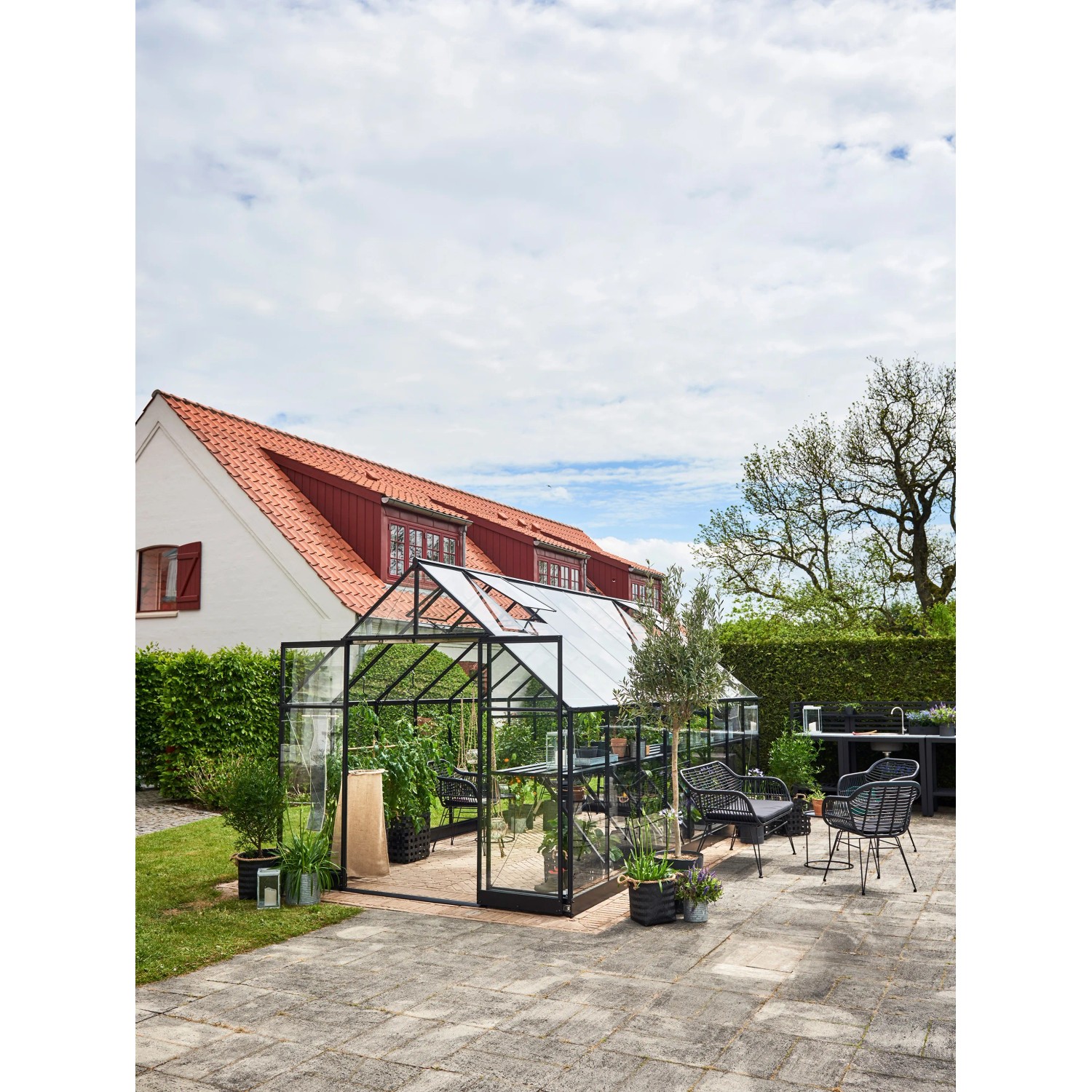 Schwarzes Halls Gewächshaus Qube+ 816 mit 13 m² im Garten, umgeben von Pflanzen.