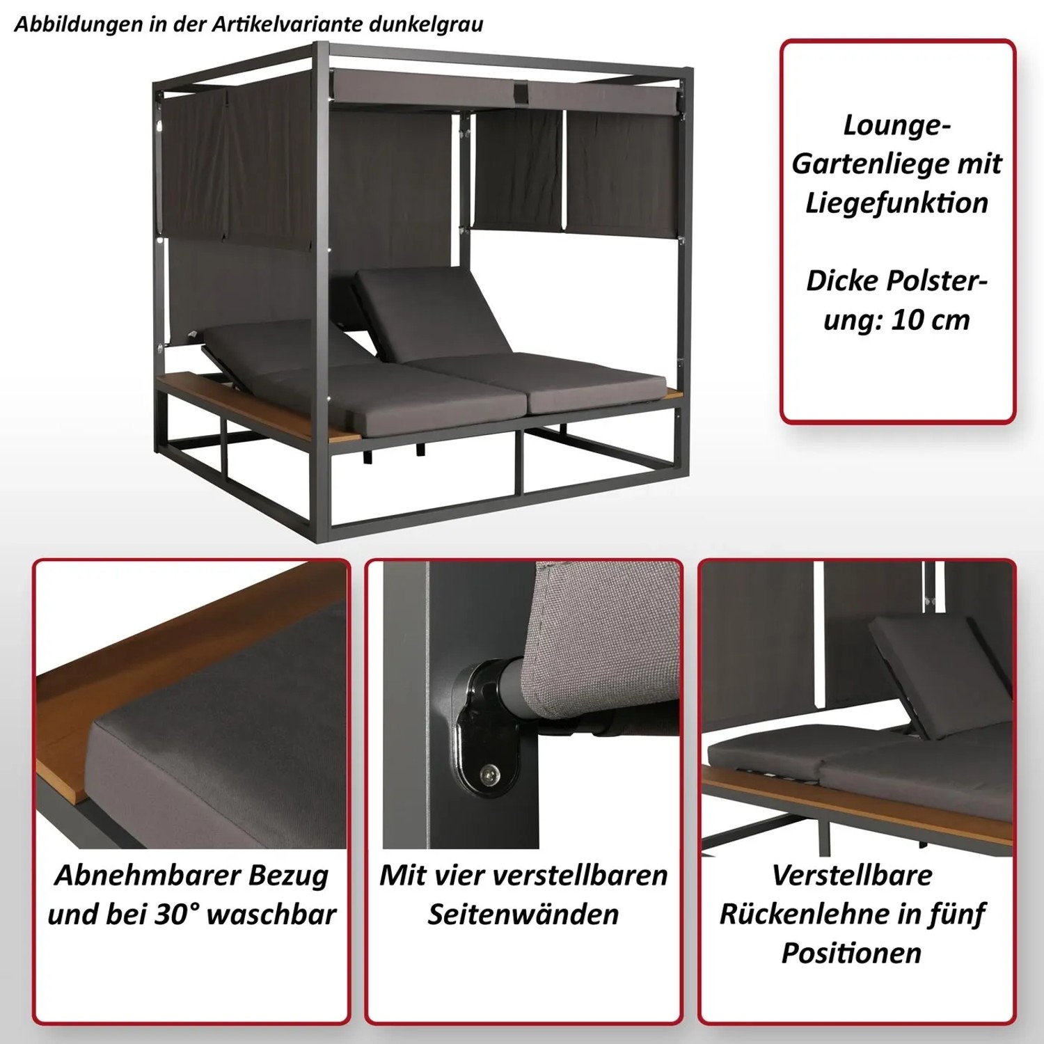 Hellgraue MCW Lounge-Gartenliege M63 mit Liegefunktion, verstellbaren Seitenwänden und dicker Polsterung.