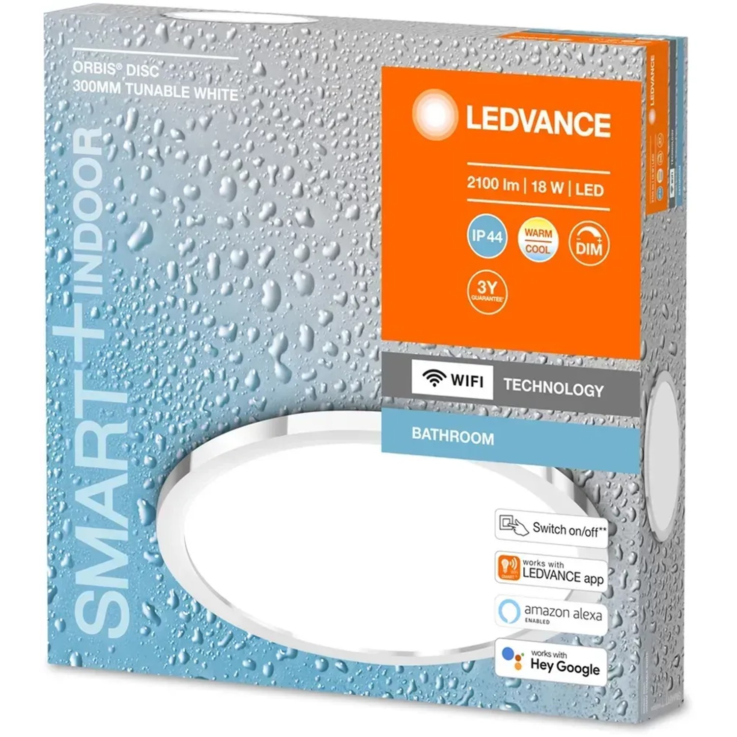 Verpackung der Ledvance Smart+ WiFi Bad-Wandleuchte Orbis Disc 30 cm, dimmbar und steuerbar.