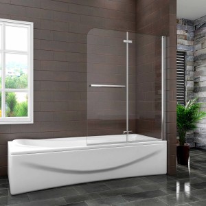 AICA Badewannenfaltwand 120x140cm mit Handtuchhalter und 6mm ESG Glas auf einer Badewanne.