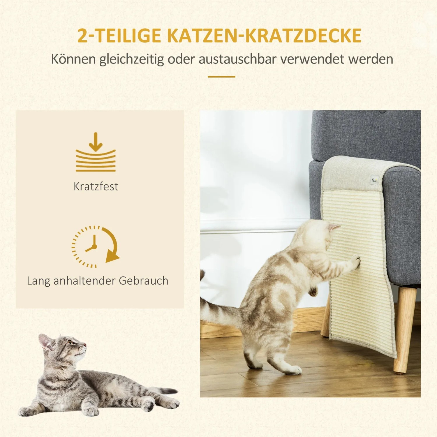 PawHut Kratzmatte 2er Set: Sisal Kratzteppich zum Schutz von Möbeln, Katze beim Kratzen.