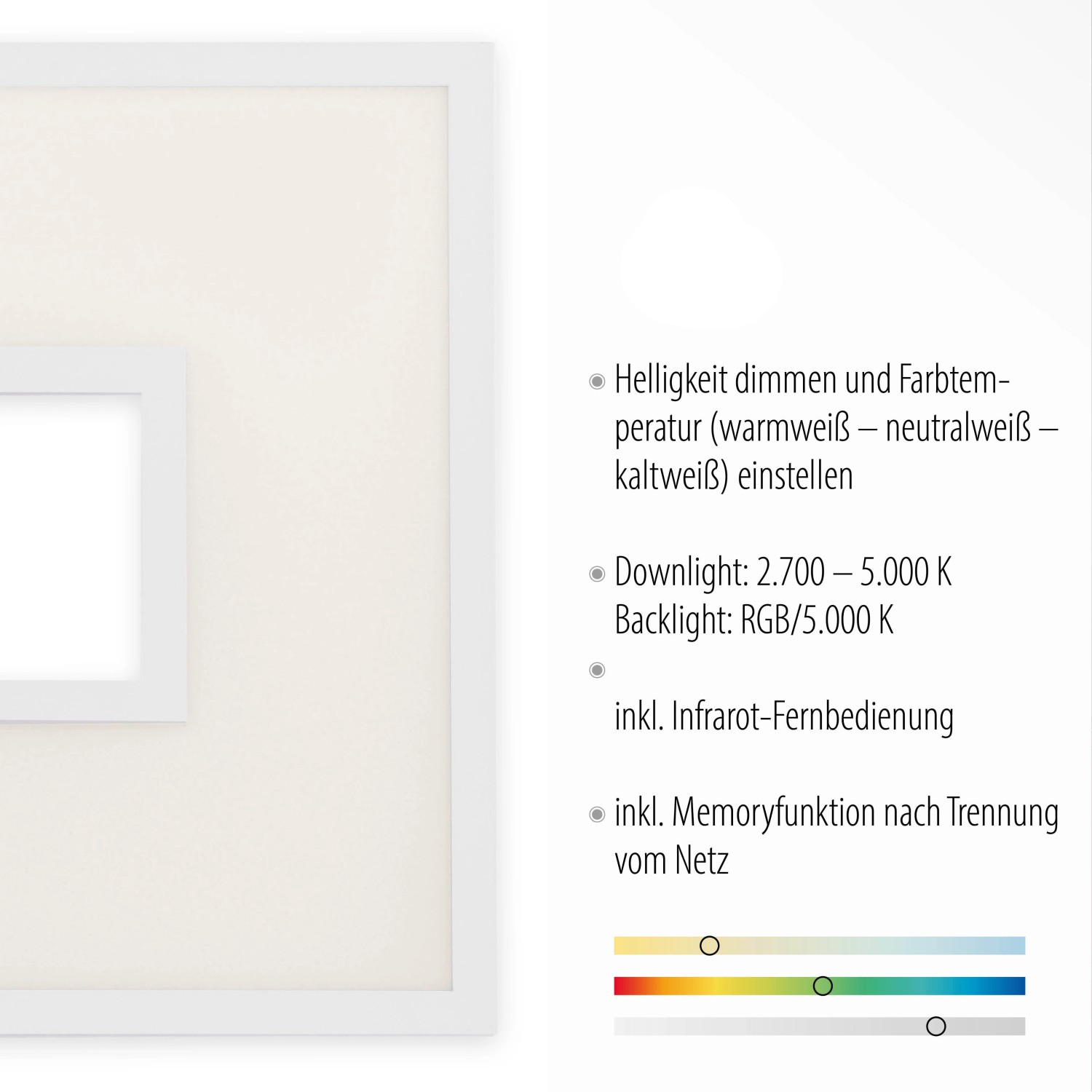 Weiße LED-Deckenleuchte Recess 45x45 cm mit Farbwechsel und Fernbedienung.