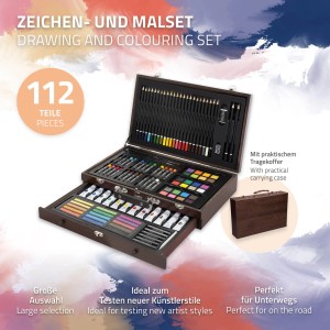 ECD Germany Malkoffer, 112-teilig, mit Buntstiften, Farben und Zubehör im Holzkoffer.
