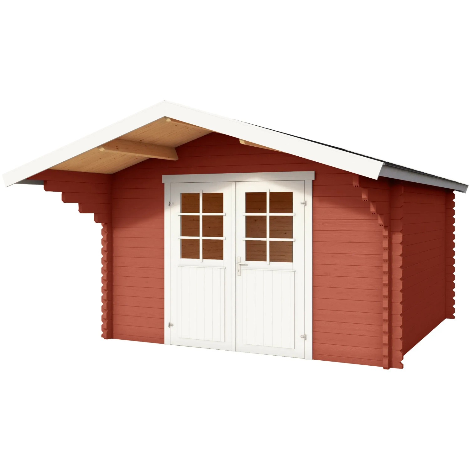 Lasita Holz-Gartenhaus Viljandi 34 in Schwedenrot mit Anbaudach und weißen Doppeltüren.