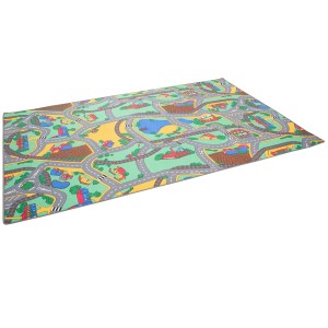 Bunter Snapstyle Kinder Straßenteppich 140x200cm mit Straßen, Häusern und Seen.