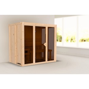 Karibu Sauna Vaira 3 mit Ganzglasfront, naturbelassen. Massivholzsauna mit Glastür.