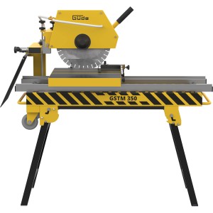 Güde Steintrennmaschine GSTM 350 in Gelb-Schwarz mit Diamanttrennscheibe und klappbarem Untergestell.