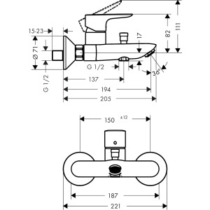 Technische Zeichnung: Hansgrohe Talis E Wannenarmatur Aufputz, Chrom, mit Maßangaben für Installation.