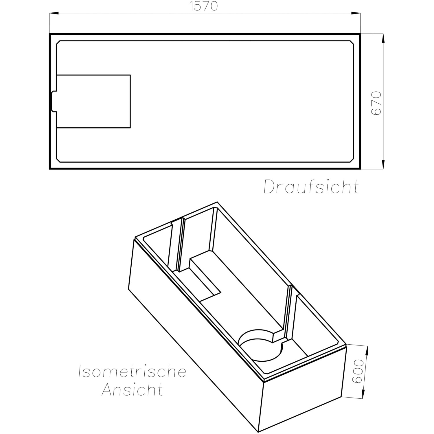 Technische Zeichnung Ottofond Wannenträger Atlanta 160x70 cm für Badewanne, isometrische Ansicht.
