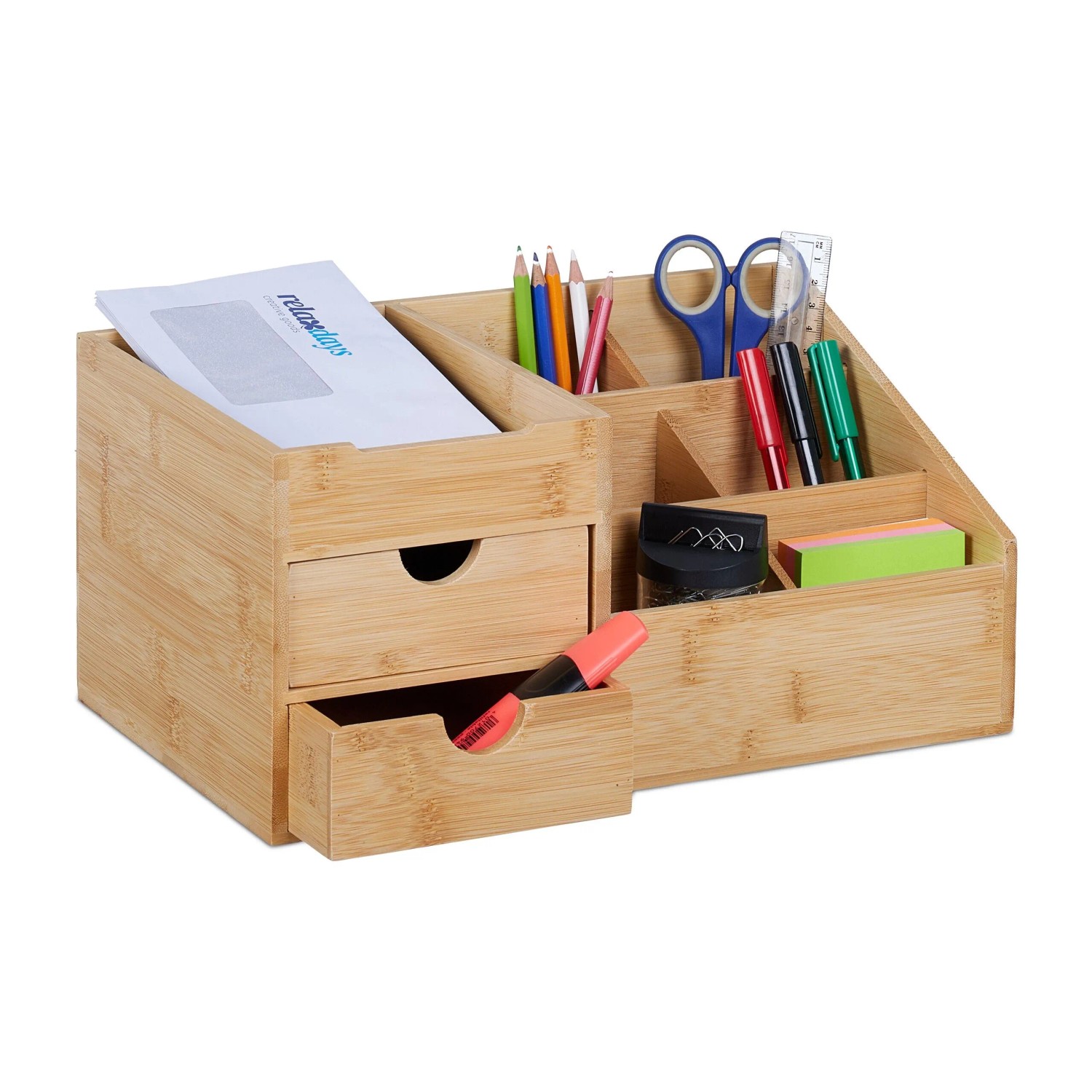 Relaxdays Schreibtisch Organizer Bambus Natur mit 2 Schubladen 15,5 cm x 33 cm x 20,5 cm 1,7 kg