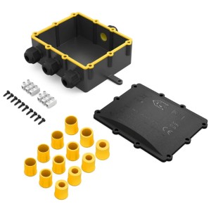 Schwarze, wasserdichte IP68 Abzweigdose mit gelber Dichtung, Deckel, Schrauben, Klemmen und Kabelverschraubungen.