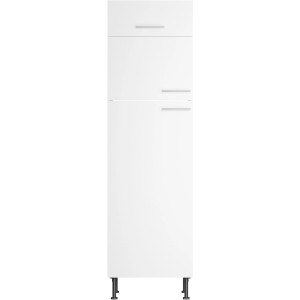 Weißer Optifit Hochschrank Bengt932 für Kühl-Gefrier-Kombi, 60 cm breit. Vorratsschrank mit zwei Türen und einer Klappe.